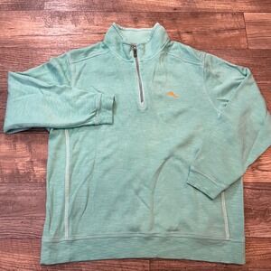 Tommy Bahama Mens XL Quarter Zip Pullover Seafoam Green Cotton Tencel Slub Knit
